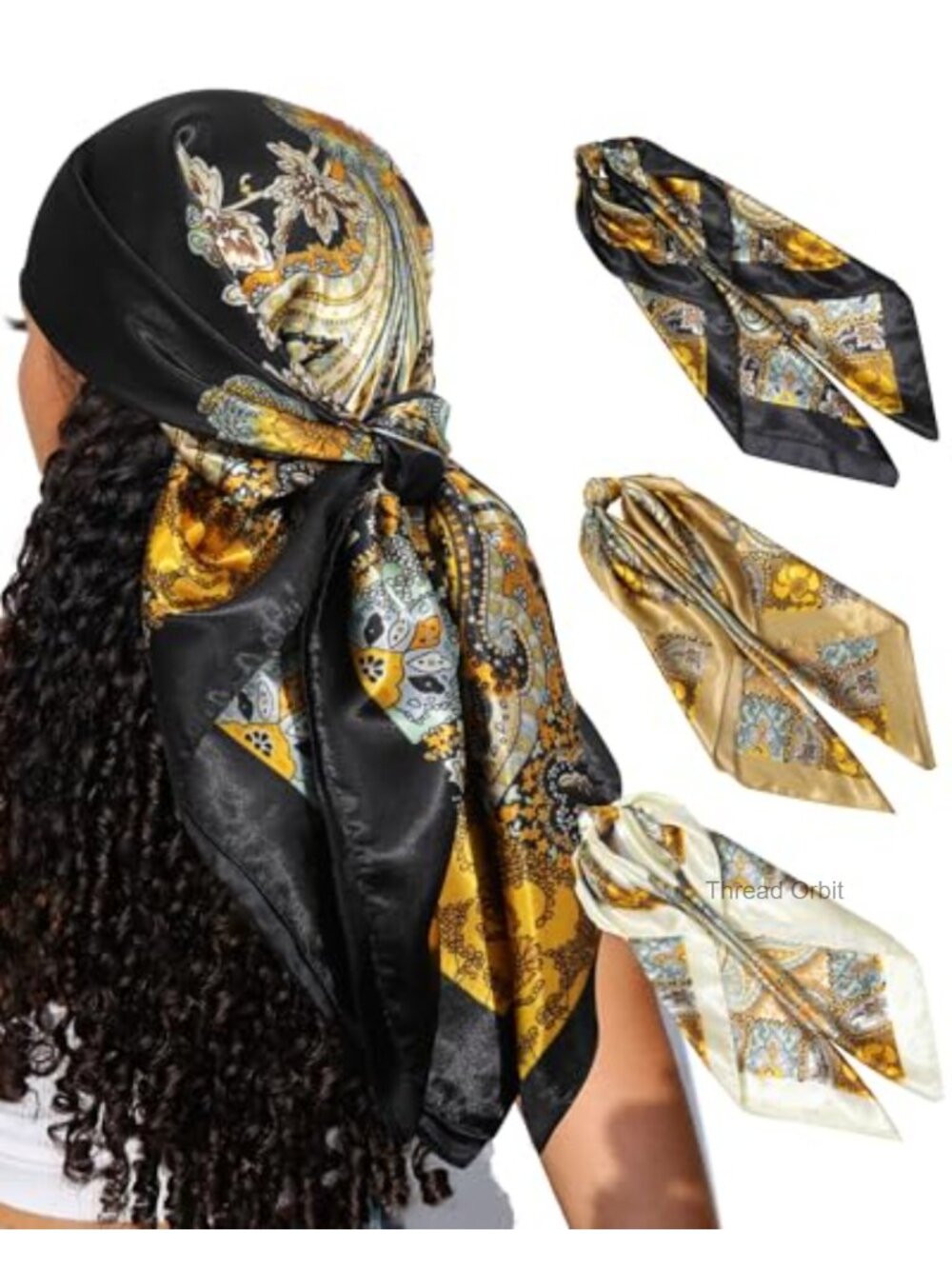 3pc 35in Satin Square Hair Scarf Bandanas Large Silk Head Wrap Women